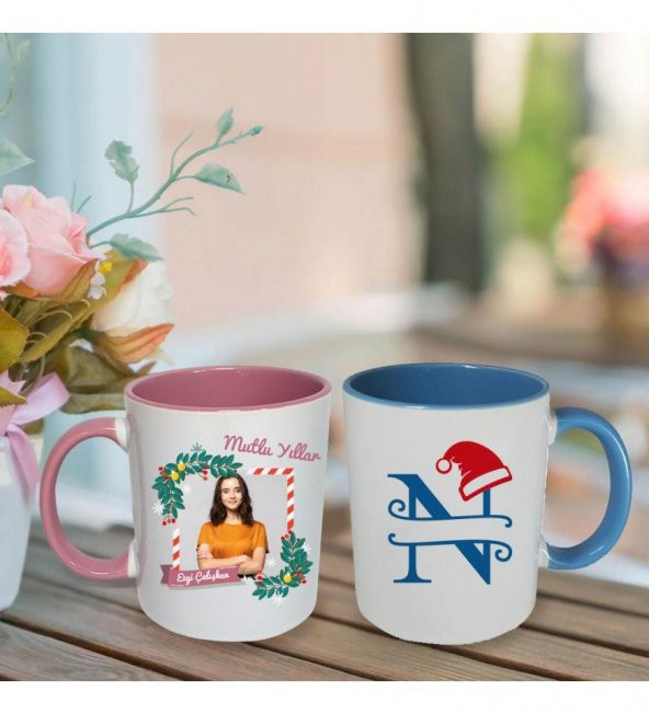 Kişiye Özel Yeniyıl Temalı Sevgili Çift Fotoğraf Baskılı Porselen Kupa Bardak Pembe ve Mavi HK2407 - Resim 2