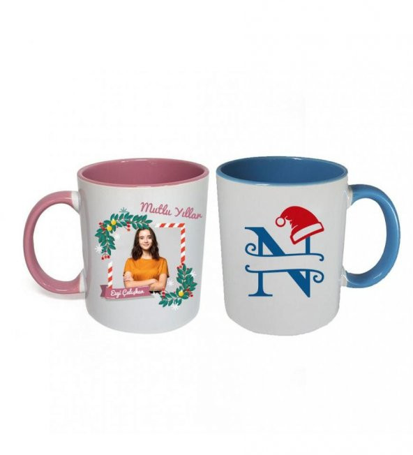 Kişiye Özel Yeniyıl Temalı Sevgili Çift Fotoğraf Baskılı Porselen Kupa Bardak Pembe ve Mavi HK2407 - Resim 3