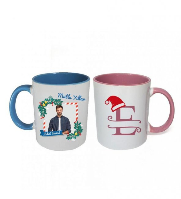 Kişiye Özel Yeniyıl Temalı Sevgili Çift Fotoğraf Baskılı Porselen Kupa Bardak Pembe ve Mavi HK2407 - Resim 4