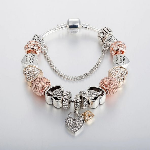 Worldshop Pandora,Yeni, Tarz(aşk sevgi mlı)  Rose, Charmlı  Bileklik, Ahşap Kutu Içerisinde - 2