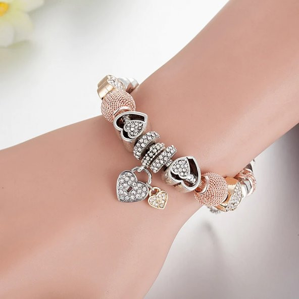 Worldshop Pandora,Yeni, Tarz(aşk sevgi mlı)  Rose, Charmlı  Bileklik, Ahşap Kutu Içerisinde - 3