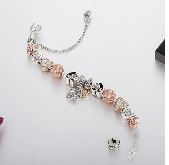 Worldshop Pandora,Yeni, Tarz(aşk sevgi mlı)  Rose, Charmlı  Bileklik, Ahşap Kutu Içerisinde - 4