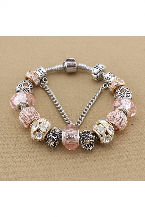 Worldshop Pandora Tarz, Pink Kristal Gold Charmlı Bileklik, Ahşap Kutu Içerisinde, Yeni Yıl, yılbaşı hediye - 3