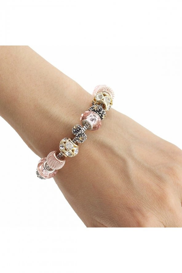 Worldshop Pandora Tarz, Pink Kristal Gold Charmlı Bileklik, Ahşap Kutu Içerisinde, Yeni Yıl, yılbaşı hediye - 4
