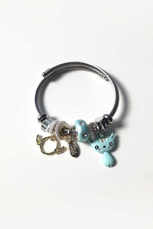 Zirkon Taşlı İncili Mavi Kedi Charm Çelik Pandora