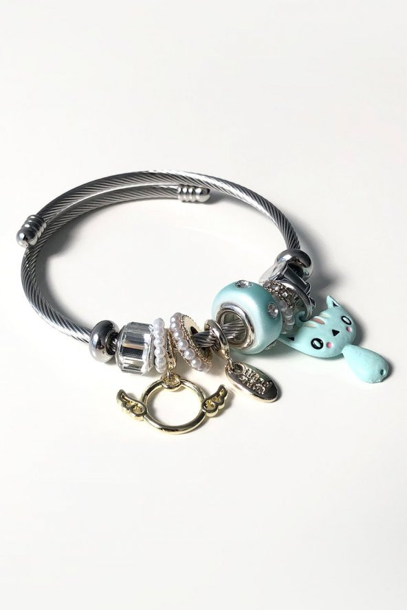 Zirkon Taşlı İncili Mavi Kedi Charm Çelik Pandora - 2