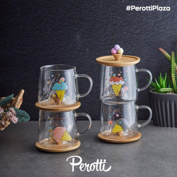 Rossel Premium Perotti Felix Bambu Kapaklı Cam Kupa Dondurma-İce Cream