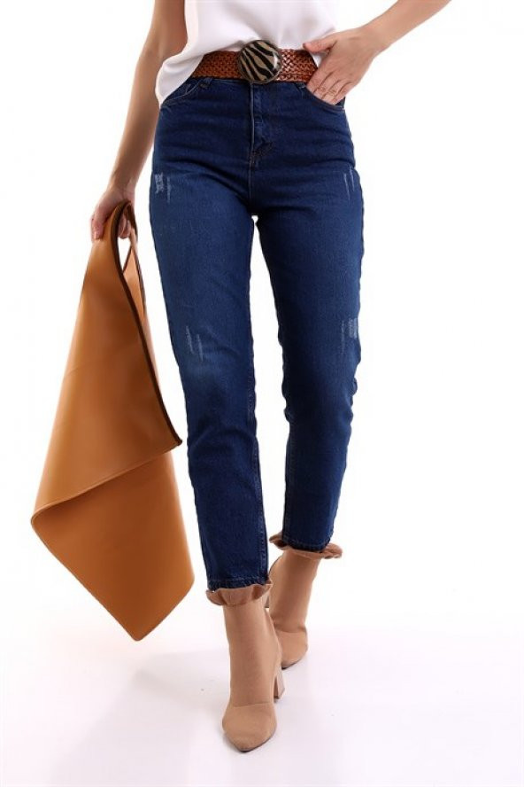 Lacivert Yüksek Bel Tırnak Detaylı Mom Jeans Kot Pantolon
