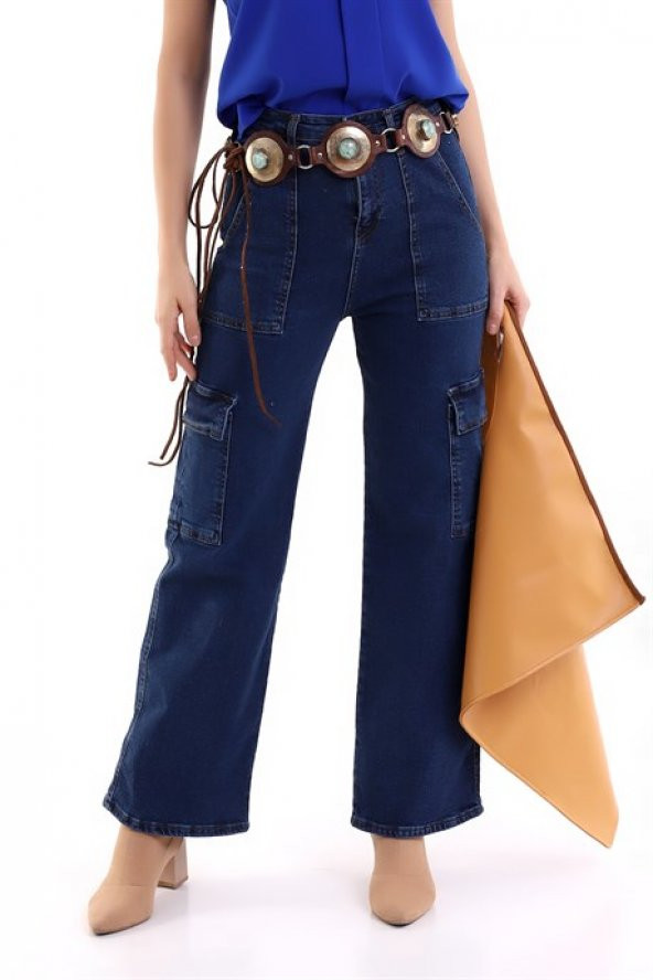 Koyu Mavi Kargo Cepli Yüksek Bel Wide Leg Jeans Kot Pantolon