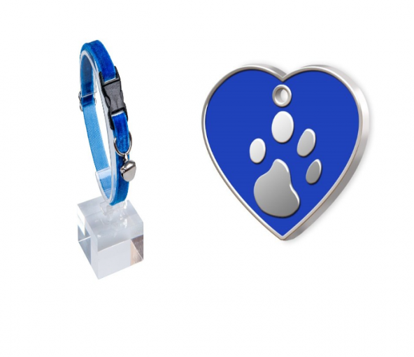 Kadife Zilli Ayarlanabilir Kedi Boyun Tasması 22-30 cm mavi+Kalp Şeklinde Mineli Kedi Köpek Künyesi