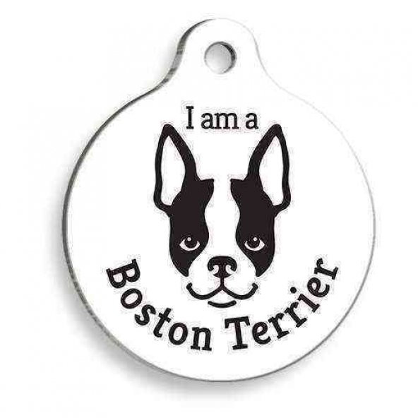 Beyaz Boston Terrier Yuvarlak Köpek Künyesi