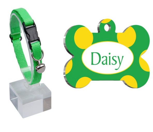 Sarı Yeşil Puantiyeli Kemik Şekilli Kedi Köpek Künyesi+ayarlanabilir tasma ürün görseli 1