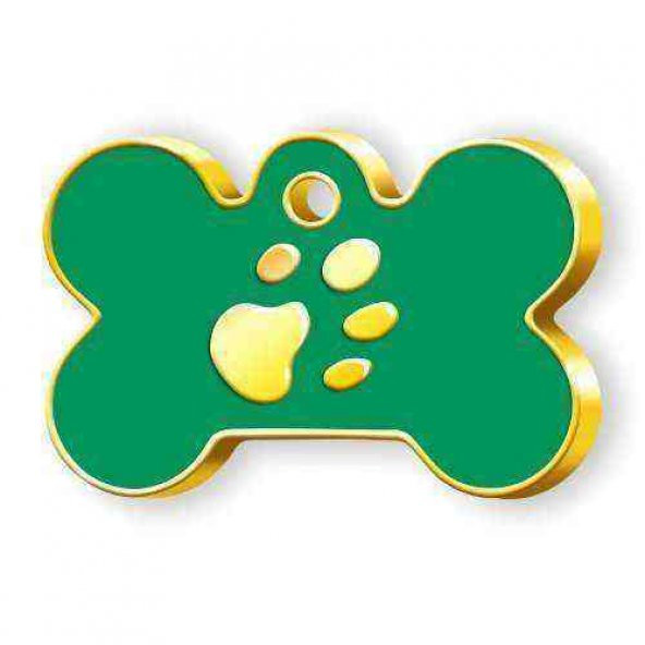 Kemik Şeklinde Altın Kaplama  Büyük Köpek Künyesi (Yeşil)