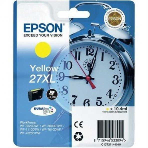 EPSON 27XL YÜKSEK KAPASİTELİ SARI MÜREKKEP KARTUŞU (C13T27144020)