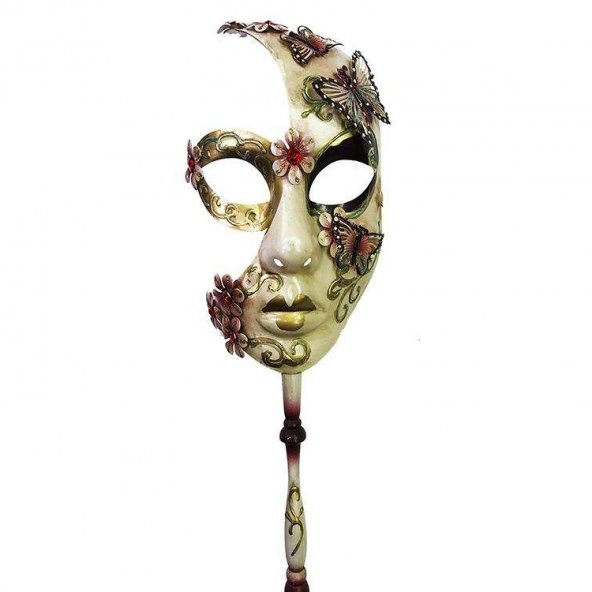 Çiçekli Orjinal Masquerade Sopalı Venedik Maskesi El İşlemeli Kır