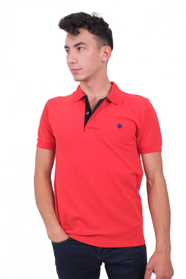 Erkek Polo Yaka Leaf Lacivert Kırmızı Tişört
