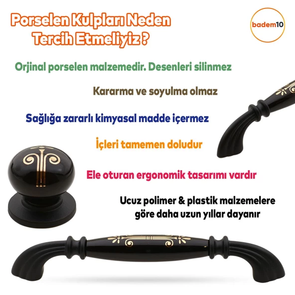 Santemolin Lüks Porselen Düğme Mobilya Mutfak Çekmece Dolap Dolabı Kulpu Kulbu Siyah Gold Kulpları - Resim 2