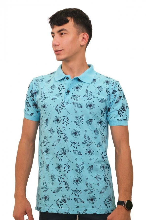 Erkek Polo Yaka Flower Turkuaz Tişört