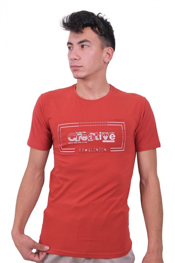 Erkek Bisiklet Yaka Creative Kiremit Tişört
