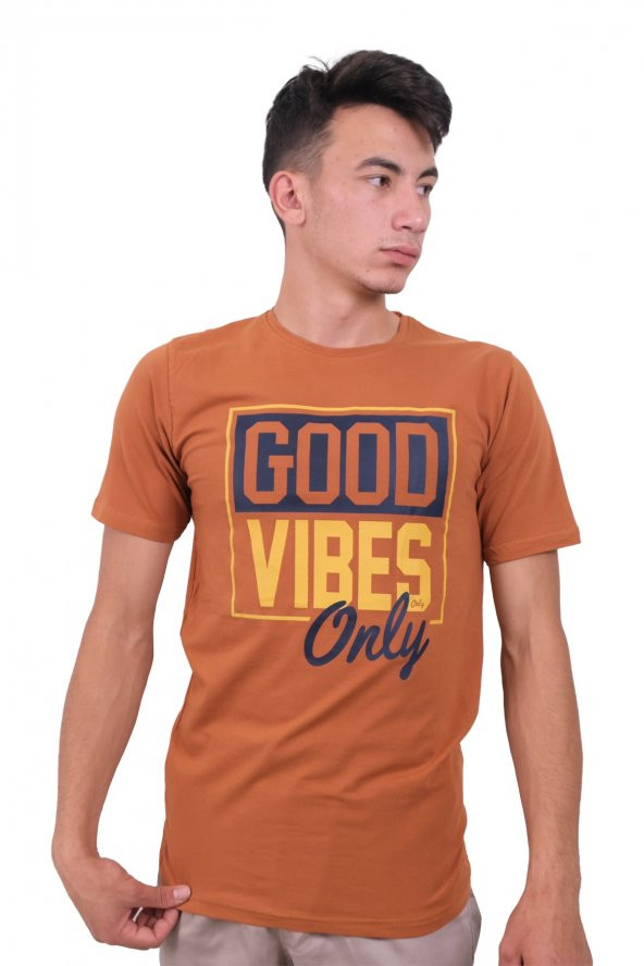 Erkek Bisiklet Yaka Good Vibes Kiremit Tişört