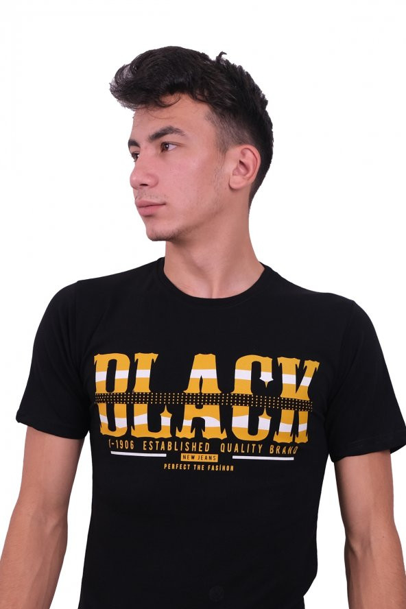 Erkek Bisiklet Yaka Black Siyah Tişört