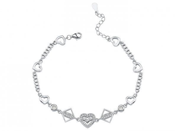 SilverPoint Zirkon Taşlı Geometrik Figürlü Kalp Detay Zincir Bileklik ürün görseli