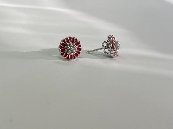 SilverPoint Kırmızı Renk Çiçek Figürlü Küpe - 2