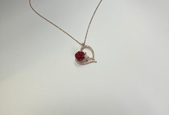 SilverPoint Kırmızı Gül Detaylı Zirkon Taşlı Kalp Kolye - Resim 2