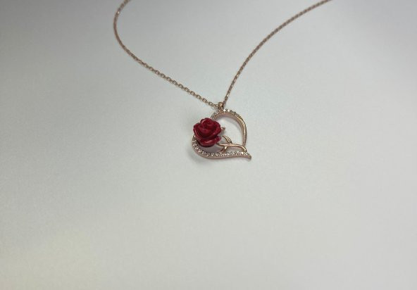 SilverPoint Kırmızı Gül Detaylı Zirkon Taşlı Kalp Kolye - Resim 3
