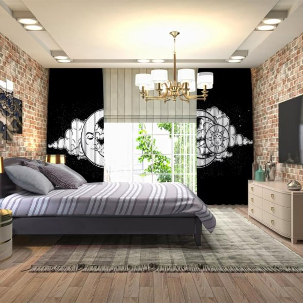Ay Güneş Gece Gökyüzü Desenli Siyah Beyaz Fon Perde HR_01647 - 4