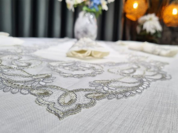 26 Parça Fransız Güpürlü Firuze Masa Örtüsü Takımı Krem - Silver - Resim 3