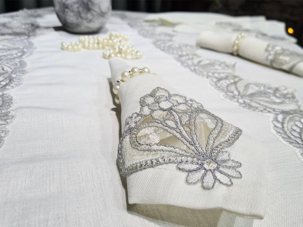 26 Parça Fransız Güpürlü Firuze Masa Örtüsü Takımı Krem - Silver - Resim 4