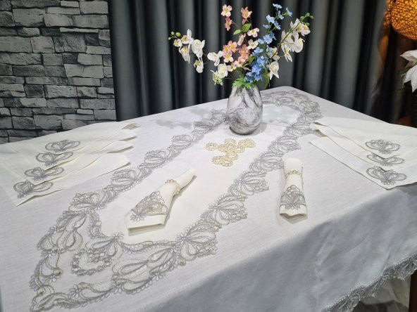 26 Parça Fransız Güpürlü Firuze Masa Örtüsü Takımı Krem - Silver - Resim 6