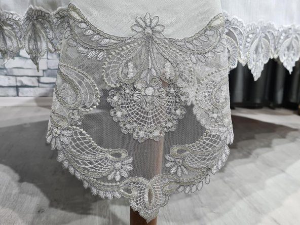 26 Parça Fransız Güpürlü Firuze Masa Örtüsü Takımı Krem - Silver - Resim 7