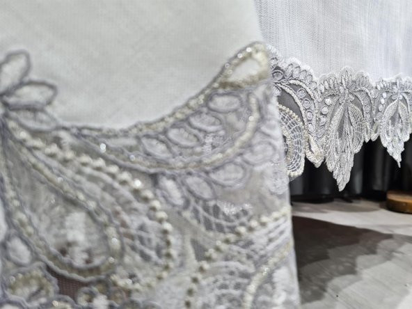 26 Parça Fransız Güpürlü Firuze Masa Örtüsü Takımı Krem - Silver - Resim 8