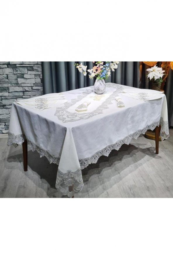 26 Parça Fransız Güpürlü Firuze Masa Örtüsü Takımı Krem - Silver - Resim 9