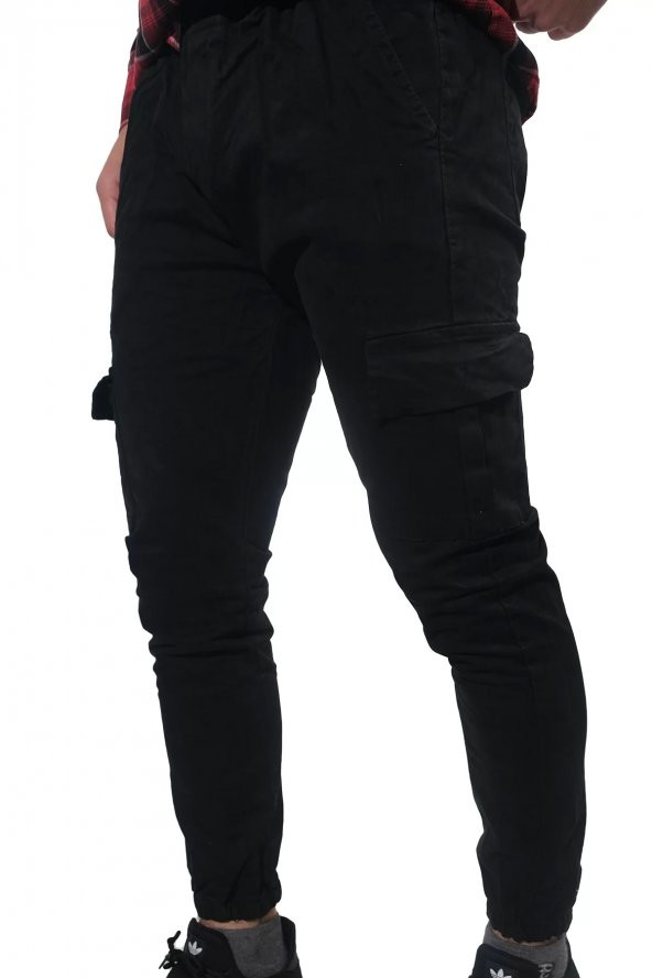 Erkek Beli ve Paçası Lastikli Jogger Siyah Kargo Pantolon