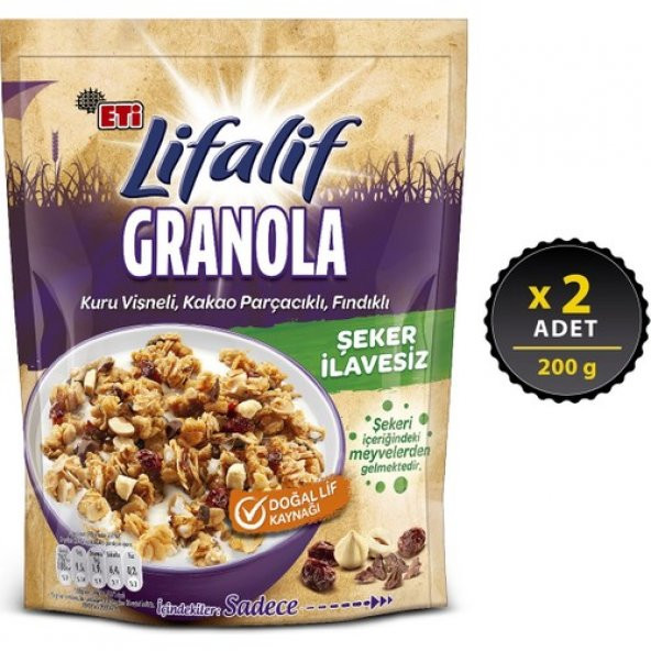 Eti Lifalif Granola Kuru Vişneli, Kakao Parçacıklı, Fındıklı 200 g x 2 Adet