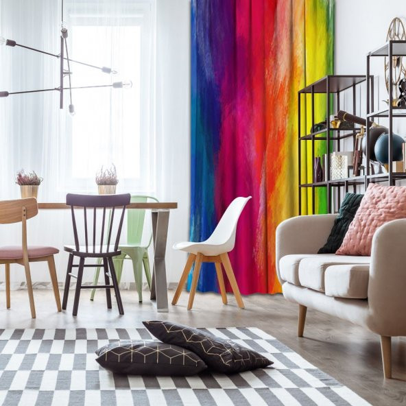 Çok Renkli Yağlı Boya Desenli Tekli Fon Perde HR_01705 - 2