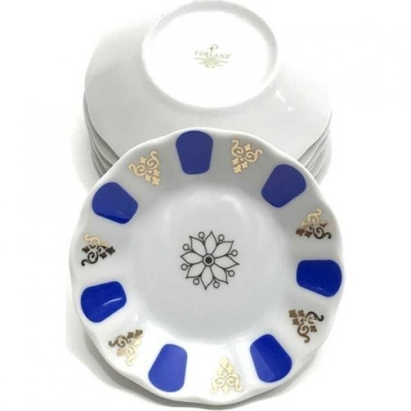 PORLAND MAVİ YALDIZLI PORSELEN ÇAY TABAĞI 6 KİŞİLİK - 2