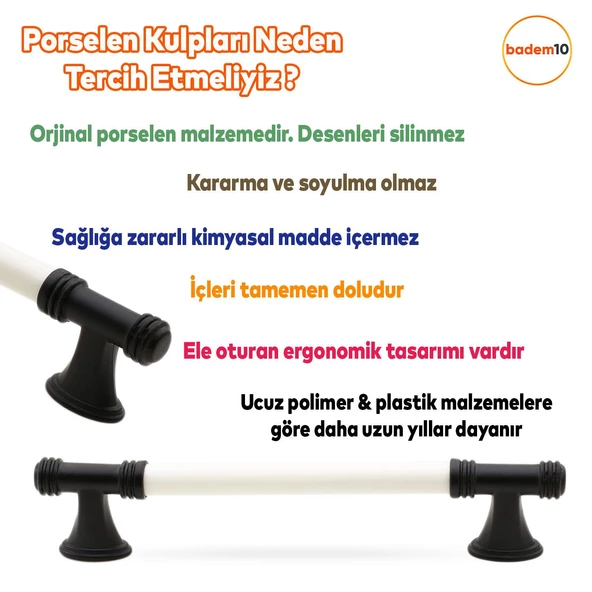 Enspel Lüks Porselen Mobilya Çekmece Dolap Kapak Kulpu Kulbu (128 MM-12.8 CM) Beyaz Mat Siyah - Resim 3