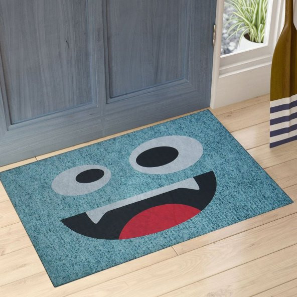 Mavi Sevimli Emoji Çift Taraflı Kauçuk Kapı Önü Paspası