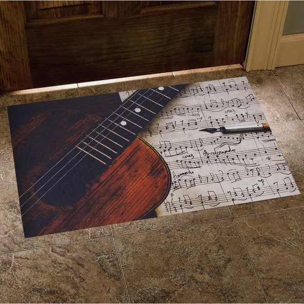 Gitar ve Notalar Desenli Kauçuk Kapı Önü Paspası - 1