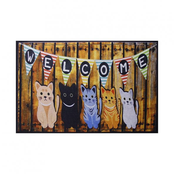 Welcome ve Kedi Baskılı Kauçuk Ev İçi Kapı Önü Paspası - 3