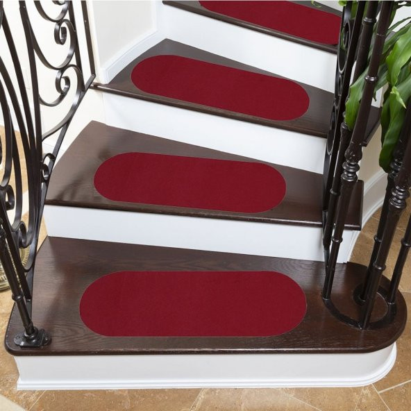 Kırmızı Velür Kaymaz Tabanlı Merdiven Basamak Paspası / Halısı