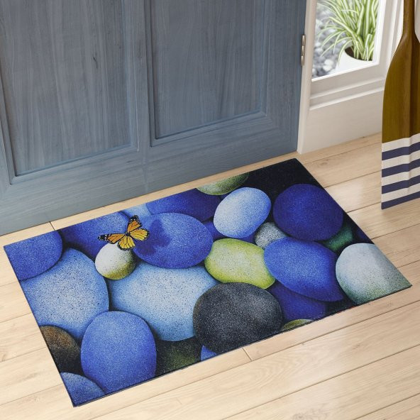 Kelebek ve Taşlar Baskılı Çift Taraflı Kauçuk Kapı Önü Paspası ürün görseli