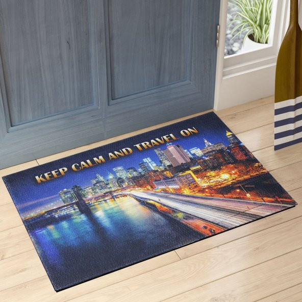 Keep Calm And Travel On Yazılı Çift Taraflı Kauçuk Kapı Önü Paspası ürün görseli