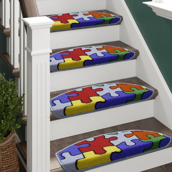 Puzzle Desenli Çocuk Kreş İçin Merdiven Basamak Paspası Halısı