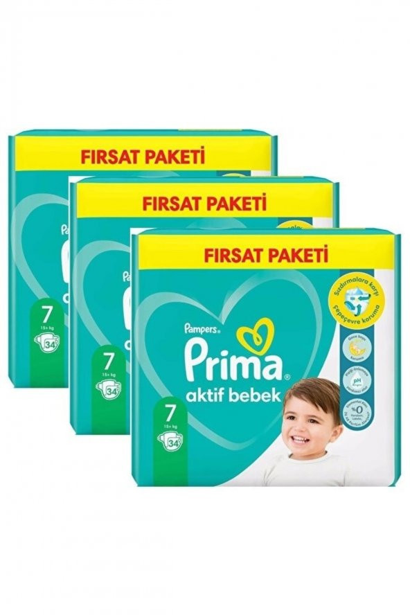 Prima Aktif Bebek Fırsat Paket 7 Beden 34 Lü 3 Paket 102 Adet 15+kg Bebek Bezi