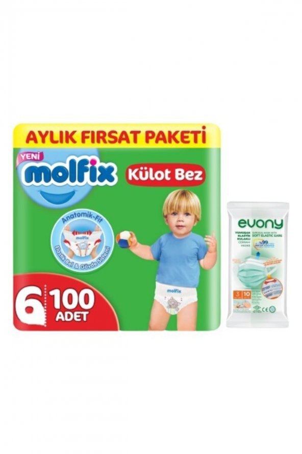 Molfix  Külot Bez 6 Beden Ekstra Large Aylık Fırsat Paketi 100lü + Evony Maske 10lu